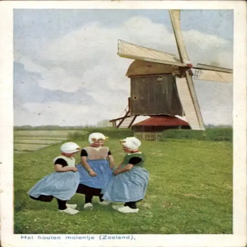 Ak Zeeland, Het houten molentje, Mädchen in Volkstrachten, Windmühle
