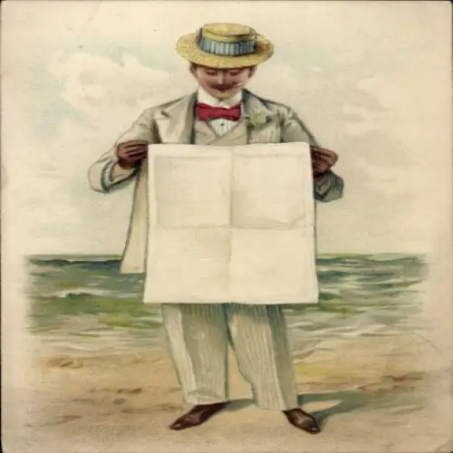Litho Mann liest eine Zeitung, Strand, Meer