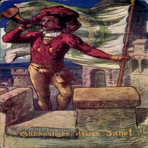 Ak Glückwunsch Neujahr, Trompeter, Fahne, Turm