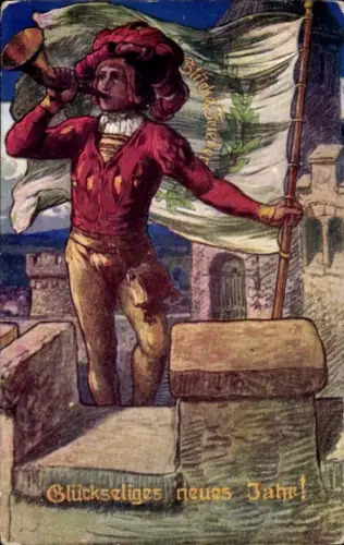 Ak Glückwunsch Neujahr, Trompeter, Fahne, Turm