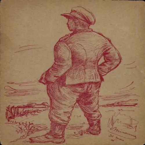 Künstler Ak Mann in Uniform, Mantel, Mütze, Einsamkeit