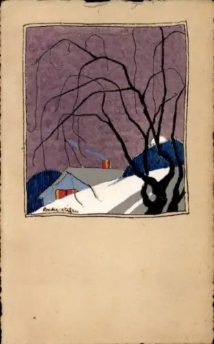 Künstler Ak Wohnhaus, Winter, Kahler Baum