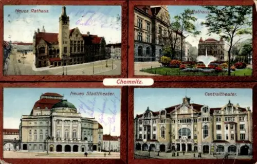 Ak Chemnitz in Sachsen, Neues Rathaus, Neues Stadttheater, Rathaus, Centraltheater