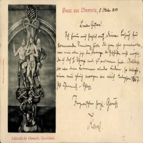 Ak Chemnitz in Sachsen, Schlosskirche  Geiselsäule, Gruss aus  5. Okt 1900