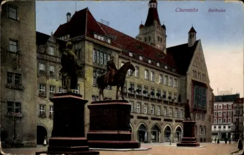 Ak Chemnitz in Sachsen, Rathaus, Denkmäler