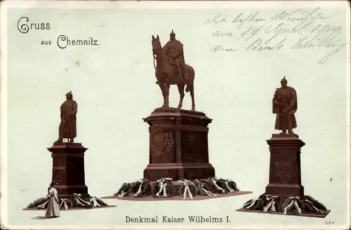Ak Chemnitz in Sachsen, Statue von Kaiser Wilhelm I., Statuen von Moltke und Bismarck
