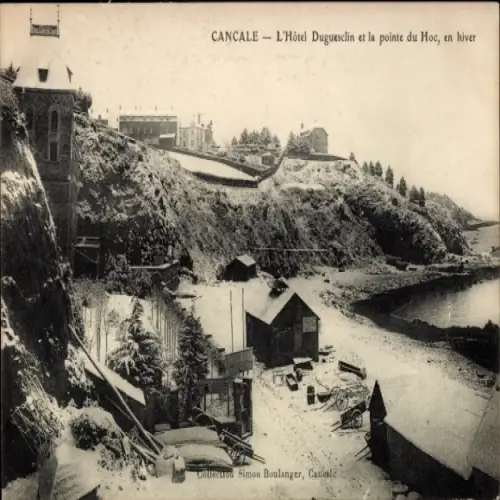 Ak Cancale Ille et Vilaine, Winterliche Küstenansicht, Hôtel Duguesclin, Pointe du Hoc, Boote