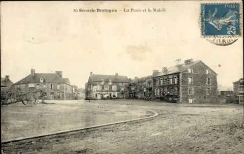 Ak Sens de Bretagne Ille-et-Vilaine, Platz und Rathaus, alte Gebäude, schwarz-weiß, Poststempel