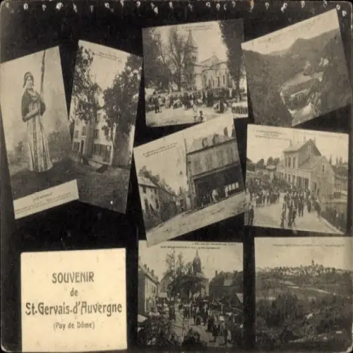 Ak Saint Gervais d'Auvergne Puy de Dome, Frau, Gebäude, Versammlung, Talansicht, Gesamtansicht