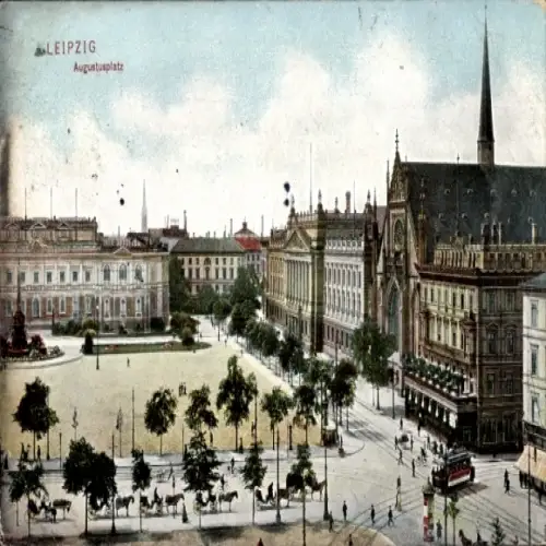 Ak Leipzig, Augustusplatz, Straßenbahn, Pferdekutschen