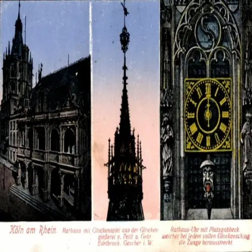 Ak Köln am Rhein, Köln am Rhein, Rathaus mit Glockenspiel, Rathaus-Uhr, Glocken