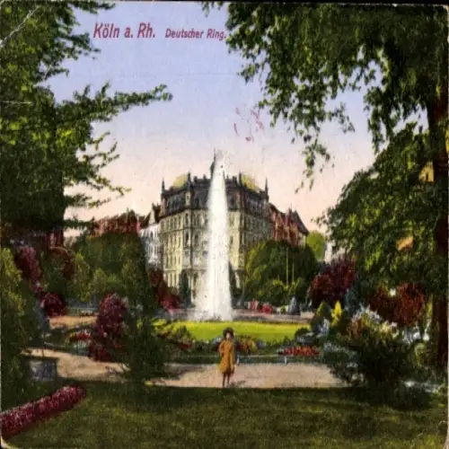 Ak Köln am Rhein, Brunnen,  Gebäude, Parklandschaft, Blumenbeete, Spaziergänger