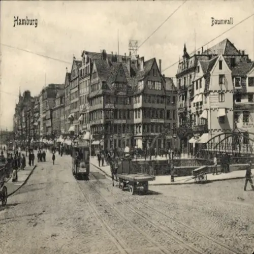 Ak Hamburg Mitte Altstadt, Stadtansicht, Baumwall, alte Gebäude, Straßenbahn, Menschen