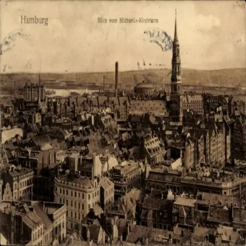 Ak Hamburg Mitte Altstadt, Blick vom Michaelis-Kirchturm,  Stadtansicht, sepia Tönung