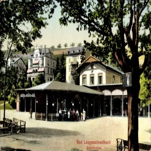 Ak Langenschwalbach Bad Schwalbach im Taunus, Stahlbrunnen,  Gebäude, Park, Menschen, Bäume