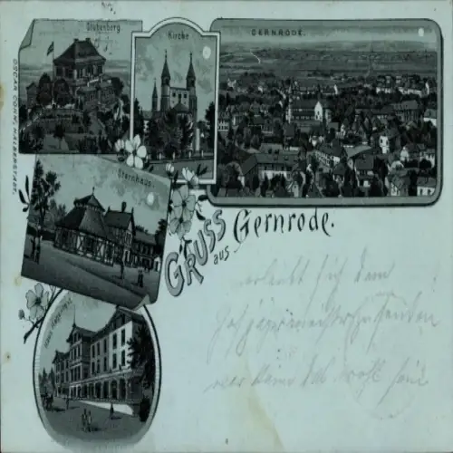 Mondschein Litho Gernrode Quedlinburg im Harz, Stubenberg, Kirche, Gesamtansicht, Haus Hagenthal