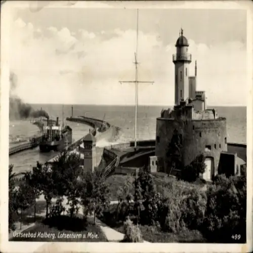 Ak Kołobrzeg Ostseebad Kolberg Pommern, Ostseebad  Lotsenturm, Mole, Schiff, Leuchtturm