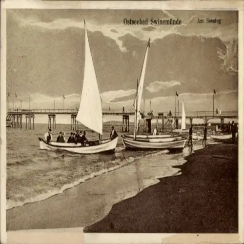 Ak Świnoujście Swinemünde Pommern, Ostseebad  Boote am Strand, Segelboote, Pier