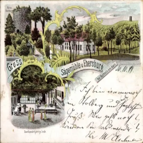 Litho Buchholz Nordhausen am Harz, Sägemühle, Ebersburg, Ruine, Linde