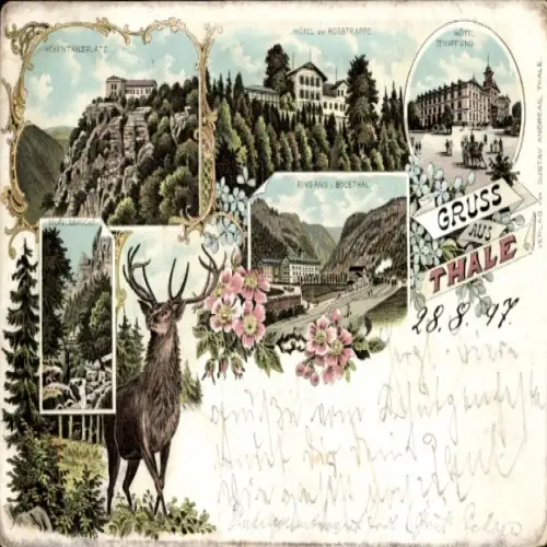 Litho Thale im Harz, Hotel Rosstrappe, Hexentanzplatz, Eingang Bodethal, Grüße aus Thale