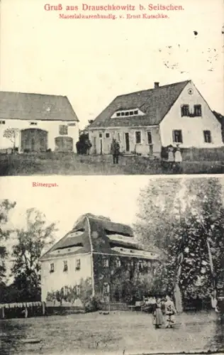 Ak Drauschkowitz bei Seitschen Göda in der Oberlausitz, Materialwarenhandlung, Rittergut