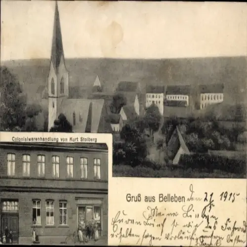 Ak Belleben Könnern im Salzlandkreis, Kirche, Häuser, Colonialwarenhandlung von Kurt Stolberg