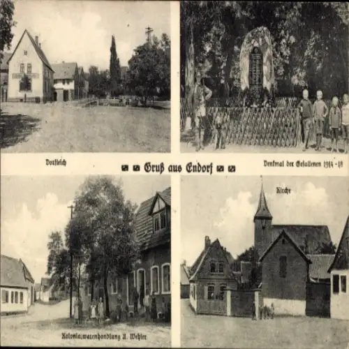 Ak Endorf Falkenstein im Harz, Dorfteich, Gefallenendenkmal, Kolonialwarenhandlung Wehler, Kirche