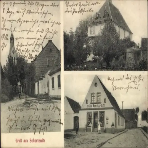 Ak Schortewitz Zörbig in Sachsen Anhalt, Kirche, Teilansichten, Geschäft Otto Burchardt