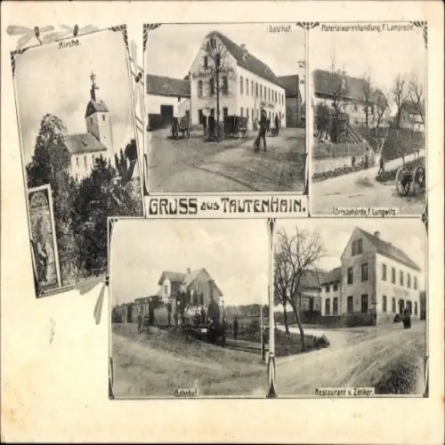 Ak Tautenhain Frohburg in Sachsen, Kirche, Gasthof, Materialwarenhandlung, Bahnhof, Restaurant