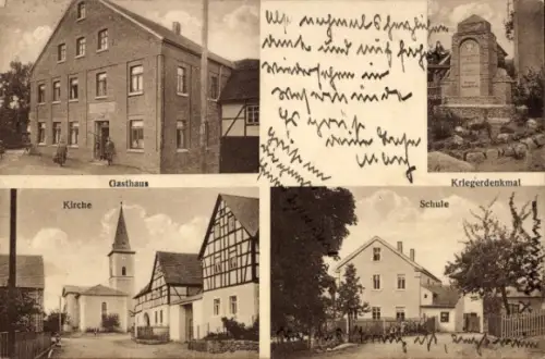 Ak Pörmitz in Thüringen, Gasthaus zur guten Quelle, Kirche, Kriegerdenkmal, Schule