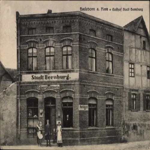 Ak Badeborn Ballenstedt im Harz, Stadt Bernburg, Gafthof Stadt Bernburg, Ausspann,  Architektur