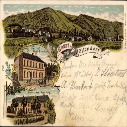 Ak Möllendorf Mansfeld im Harzvorland, Gasthof Fürst Blücher, Schloss Neu Asseburg, Gruß aus Möll