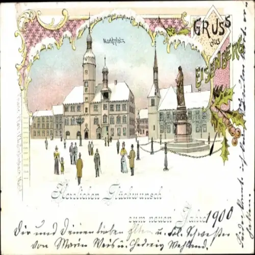 Winter Litho Eisenberg in Thüringen, Marktplatz,Denkmal, Fröhliches Neujahr