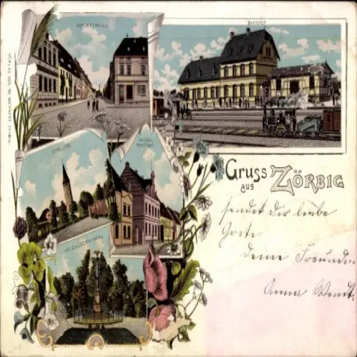 Litho Zörbig in Anhalt, Bahnhof, Schloss, Kriegerdenkmal, Postamt