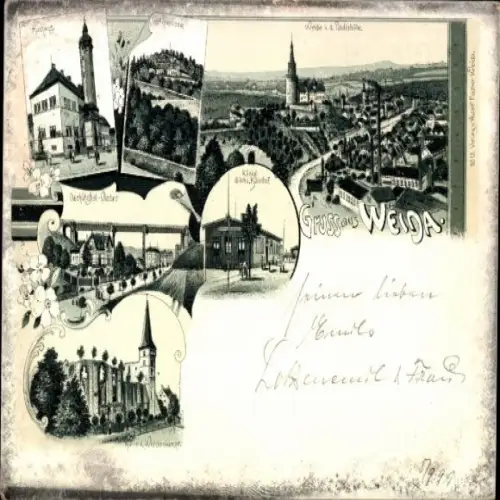 Litho Weida in Thüringen, Gesamtansicht, Rathaus, Bahnhof