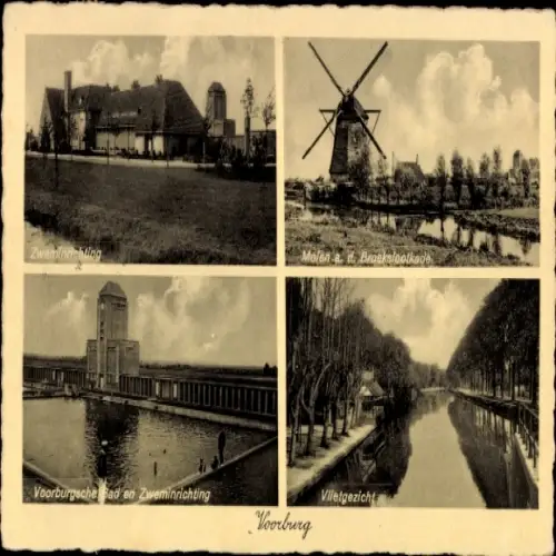 Ak Voorburg Südholland, Vier Ansichten, darunter Mühle, Schwimmbad, Landschaft mit Wasser