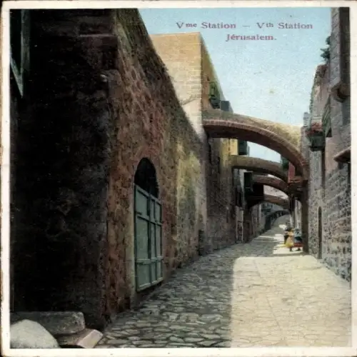 Ak Jerusalem Israel, Jérusalem, Vme Station, Vth Station, gepflasterte Straße,  Gebäude
