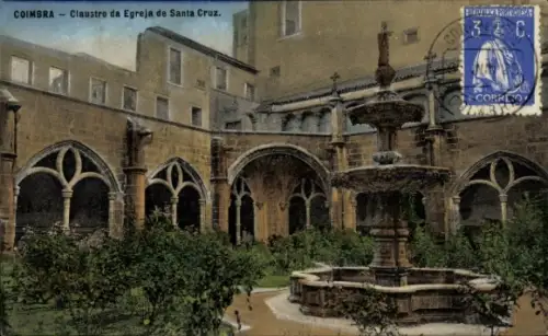 Ak Coimbra Portugal, Klosterhof, Kirche Santa Cruz, Brunnen, Garten