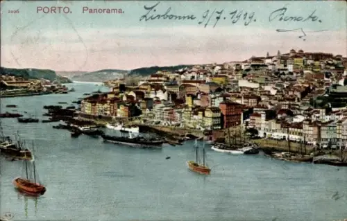 Ak Porto Portugal , Panoramablick auf  Hafenansicht, Schiffe
