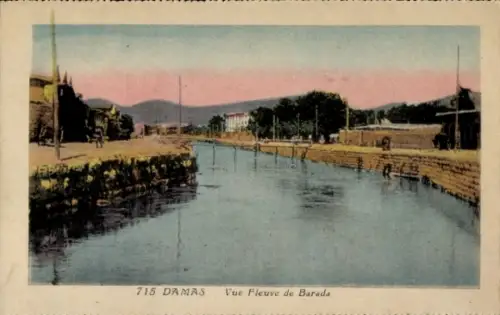 Ak Damas Damaskus Syrien, Flussansicht, Barada, Stadtansicht, Architektur