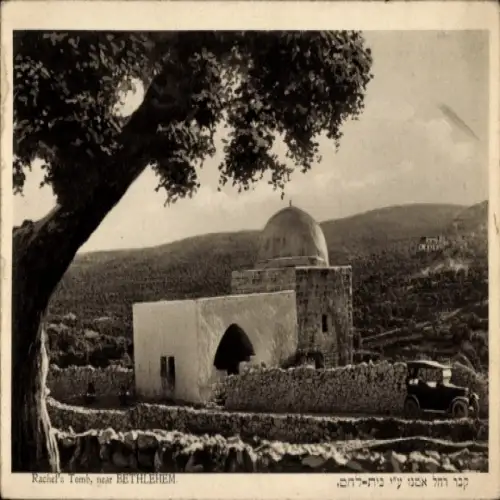 Ak Bethlehem Palästina, Rachel's Tomb, nahe   Stätte, alter Baum, Auto im Vordergrund