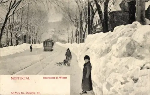 Ak Montreal Québec Kanada, Schneelandschaft, Straßenbahn, Winter, Menschen, schneebedeckte Straße