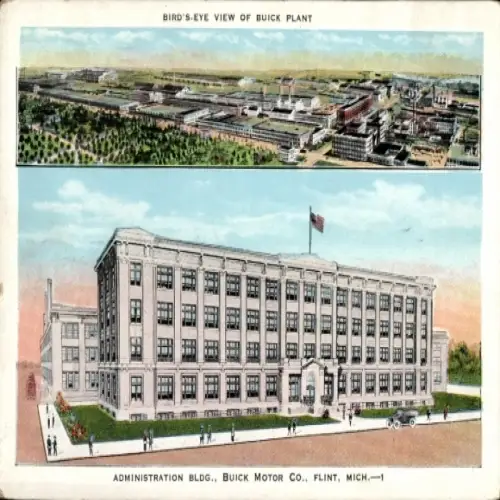 Ak Flint Michigan USA, Vogelperspektive der Buick-Fabrik, Verwaltungsgebäude, US-Flagge