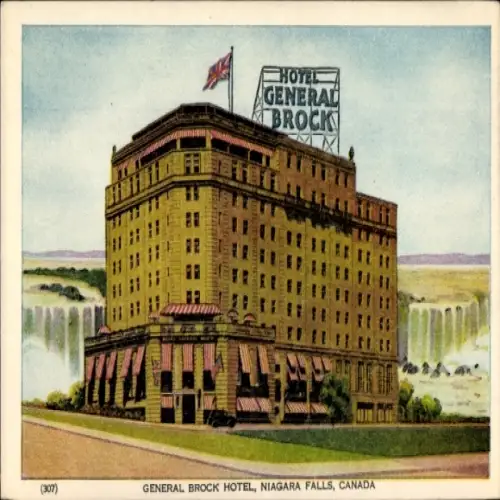Ak Niagara Falls Ontario Kanada, Hotel General Brock, große Gebäudeansicht, Flagge, Wasserfall im