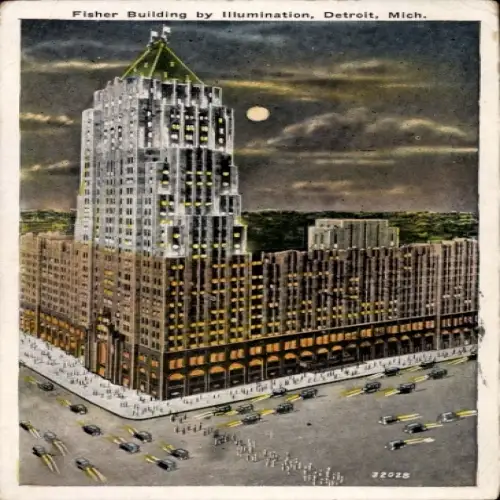 Ak Detroit Michigan USA, Fisher Building, Illumination, Nachtansicht,  Michigan