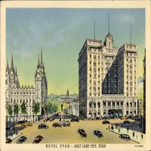 Ak Salt Lake City Utah USA, Hotel Utah, Mormon Temple, Parkplätze,  Architektur