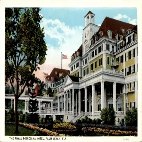 Ak Palm Beach Florida USA, Royal Poinciana Hotel,  Architektur, blühende Blumen, amerikanische Fl