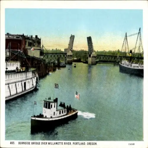Ak Portland Oregon USA, Burnside Bridge, Willamette River, Portland, Bateau