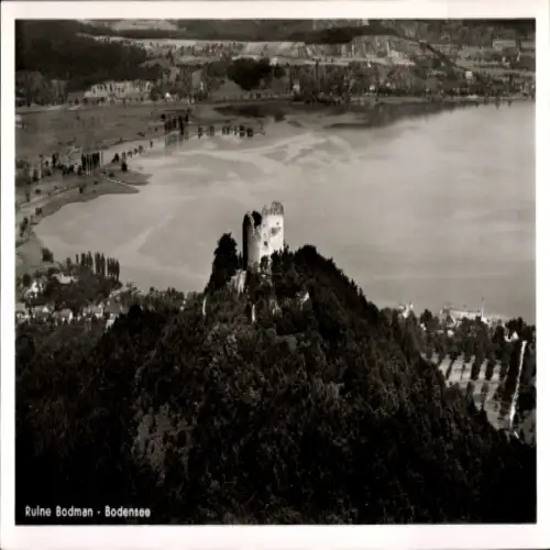 Ak Bodman Ludwigshafen am Bodensee, Ruine Bodman, Hochformat, Landschaft, Schwarz-Weiss, Hotel Li
