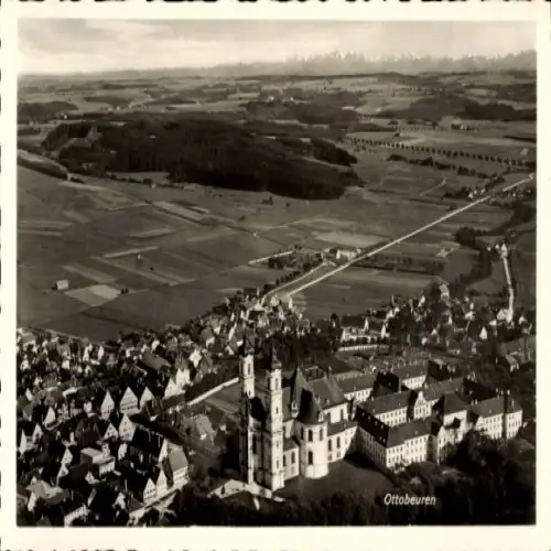 Ak Ottobeuren in Oberschwaben Allgäu, Luftbild von  Klosteranlage, ländliche Gegend, Schwarz-Weiß